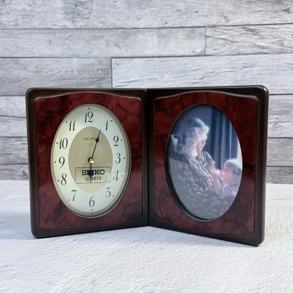 Seiko Quartz Desk Clock Picture Frame Rosewood Folding Analog Vintage